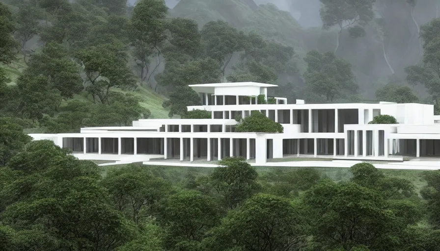 Image similar to white temple house inspired by tibetan and modernist architecture, on a green hill, overlooking a valley with trees, frank lloyd wright, realistic render, birdseye view