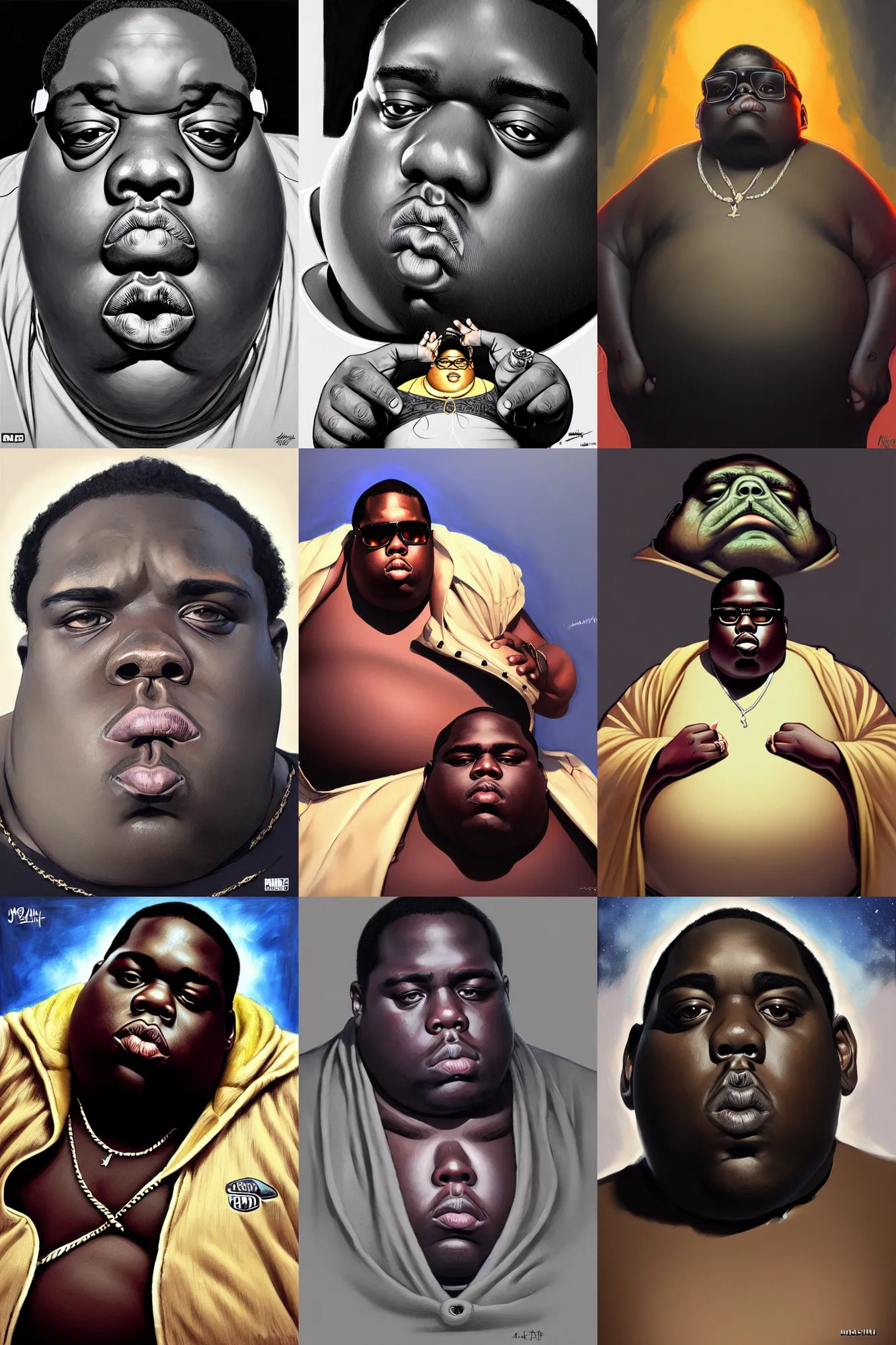 Prompt: the notorious b. i. g. as a jabba the hut, shaded lighting poster by magali villeneuve, artgerm, jeremy lipkin and michael garmash, rob rey and kentaro miura style, trending on art station