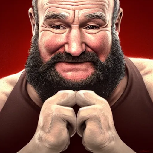 Prompt: robin williams as zangief from street fighter, ultra realistic, concept art, intricate details, highly detailed, photorealistic, octane render, 8 k, unreal engine. art by artgerm and greg rutkowski and magali villeneuve and alphonse mucha