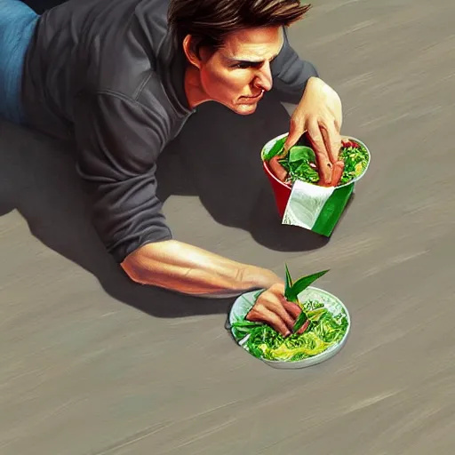 Image similar to tom cruise planting fries in the ground, digital art, highly - detailed, artstation cgsociety masterpiece