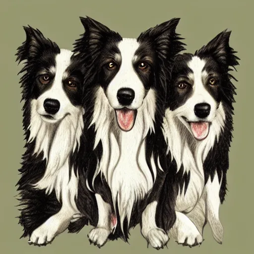 Prompt: portrait of a sitting Cerberus three headed border collie in the style of hades