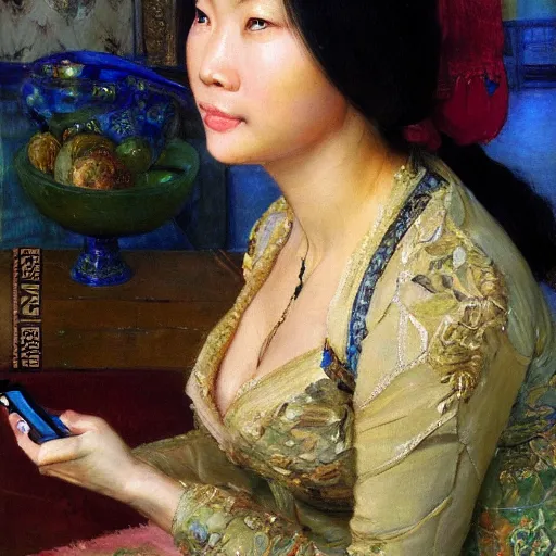 Image similar to portrait of asian beautiful woman talking smartphone masterpiece painting by vasnetsov and surikov, JEAN-VICTOR BERTIN, by Terence Cuneo, detailed, artfully traced, 4k resolution, cinematic, dramatic