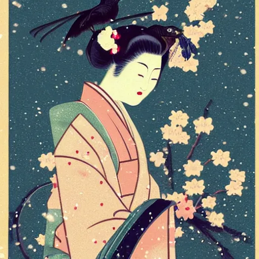 Prompt: a geisha with indigo colored geisha outfit holding out a raven with its wings spread ready to fly. snow falling in the night. japanese cherry blossoms by a babble ultrarealistic 8 k