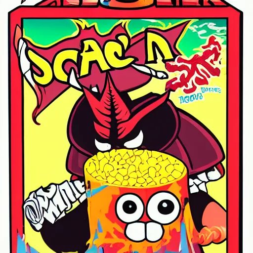 Prompt: A cereal box with Satan as the mascot.