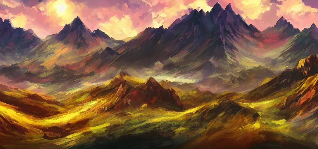 Image similar to vast mountain landscape, craggy mountains, magic the gathering, three - colors, three - color color palette, panoramic, wide angle, horizon, highly detailed