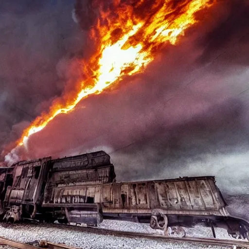 Image similar to trainwreck, boxcar on fire, atmospheric smoke and fog, post-apocalyptic, Cinematic, high detail