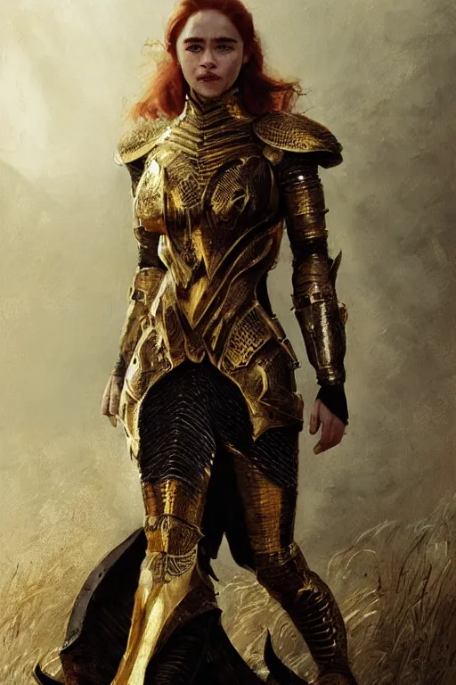 Image similar to redhead emilia clarke wearing black and gold geometric armour, bare legs, detailed, by gaston bussiere, bayard wu, greg rutkowski, giger, maxim verehin, greg rutkowski, masterpiece, sharp focus, cinematic lightning