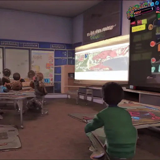 Image similar to screenshot of video game call of duty, inside elementary school, children are sat down at their desks learning