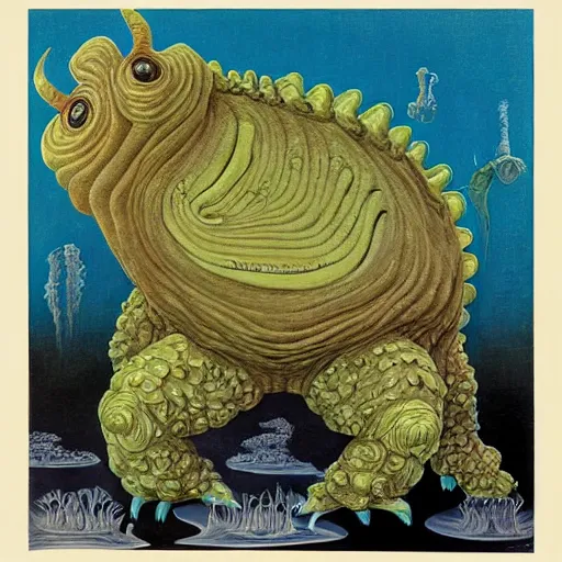 Image similar to a giant tardigrade kaiju retro japanese, monster slimy, oil painting, 7 0 s vintage art, by georgia o keeffe, by kay nielsen, by gustave dore, by frank frazetta, nausicaa, collage, by james gurney