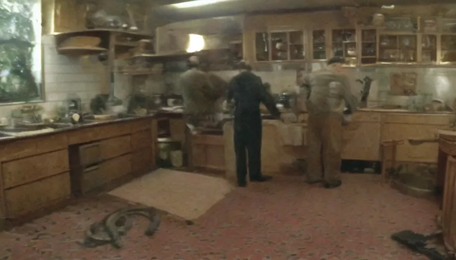 Image similar to a giant snake and a man in a stalinist style kitchen, by mini dv camera, very very low quality, heavy grain, very blurry, accidental flash, webcam footage, found footage, security cam, caught on trail cam