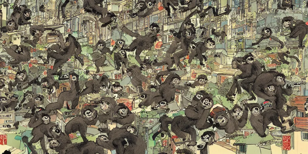 Prompt: a tight shot of a dozen monkeys attacking a city in Japan by Ashley Wood, rule of thirds