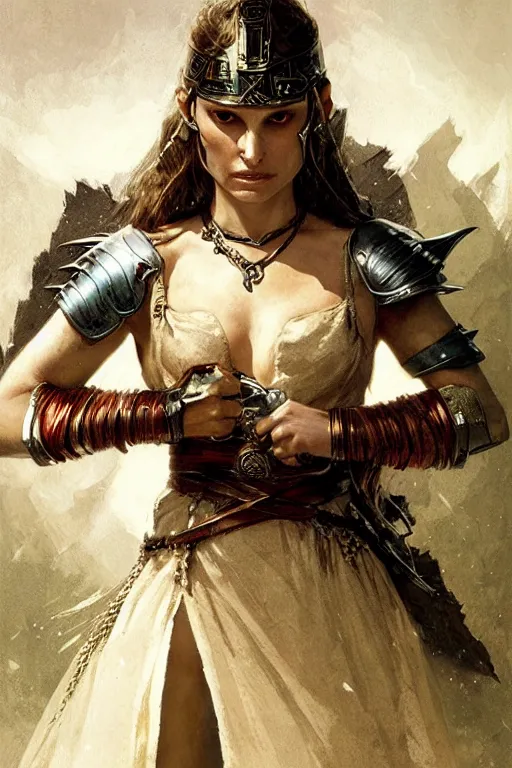 Image similar to natalie portman, legendary warrior, heroic fighter, lord of the rings, tattoos, decorative ornaments, battle armor, by carl spitzweg, ismail inceoglu, vdragan bibin, hans thoma, greg rutkowski, alexandros pyromallis, perfect face, finely detailed, realistic shading