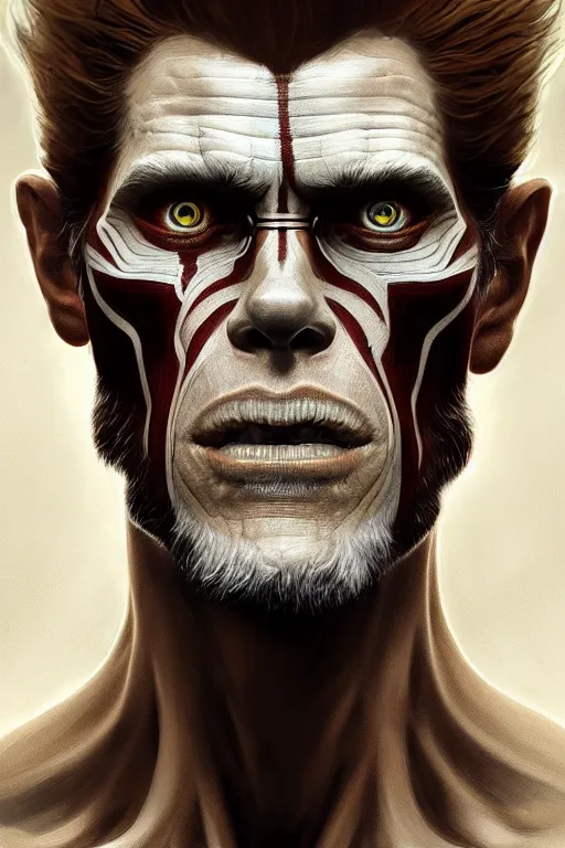 Prompt: symmetry!! portrait of willem dafoe in the style of god of war, machine parts embedded into face, intricate, elegant, highly detailed, digital painting, artstation, concept art, smooth, sharp focus, illustration, art by artgerm and greg rutkowski and alphonse mucha, 8 k