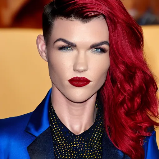 Prompt: Ruby Rose with spiky red hair and wearing gold contact lenses and dressed in a blue suit with a yellow tie