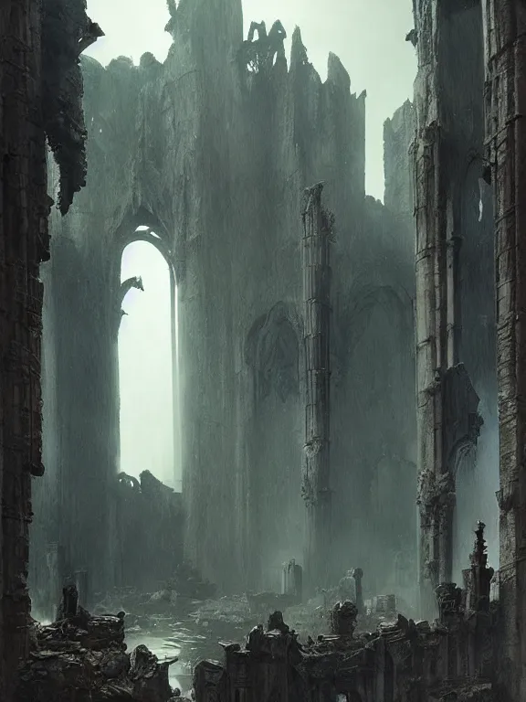 Prompt: a gothic ruins,by James Paick,Greg Rutkowski,aaron horkey,trending on pinterest,Blade Runner 2049,luxury,mythological,ultra realistic,high detail,golden ratio,cinematic lighting,maximalist