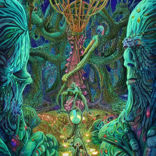 Image similar to dmt-machine-elves by artist-Nathan-Spoor, crawling across the circus floor, climbing up the winding trees