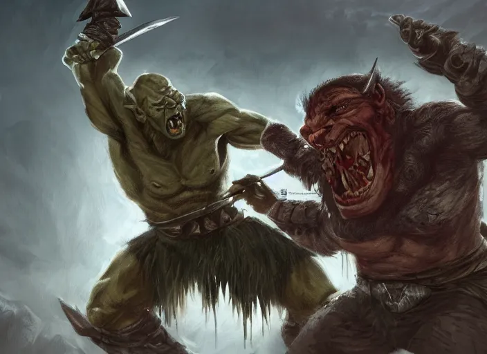 Prompt: a warrior fighting a orc, fantasy illustration by nils gulliksson