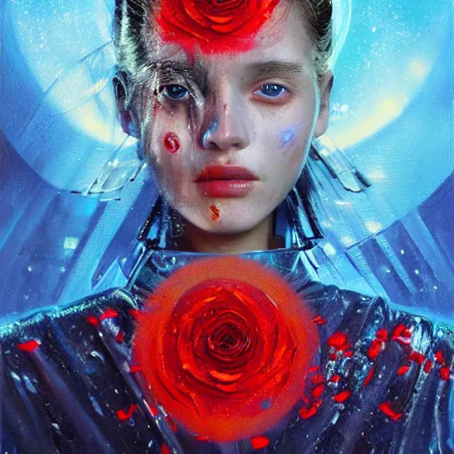 Prompt: 3 d, sci - fi, close - up, screaming fashion model face, sun, cinematic, clouds, sun rays, vogue cover style, poster art, blue mood, realistic painting, intricate oil painting, high detail illustration, small red roses, figurative art, multiple exposure, poster art, by tooth wu and wlop and beeple and greg rutkowski