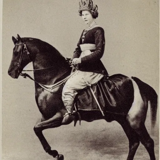 Prompt: Queen Elizabeth riding horse,