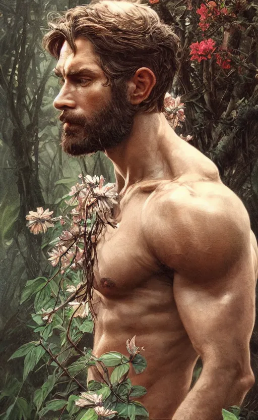 Image similar to god of the forest, 3 0 years old, rugged handsome, male, gorgeous, detailed face, clean lines, cinematic light, amazing, full body, flowers, muscular, intricate, highly detailed, digital painting, artstation, concept art, sharp focus, illustration, art by greg rutkowski and alphonse mucha