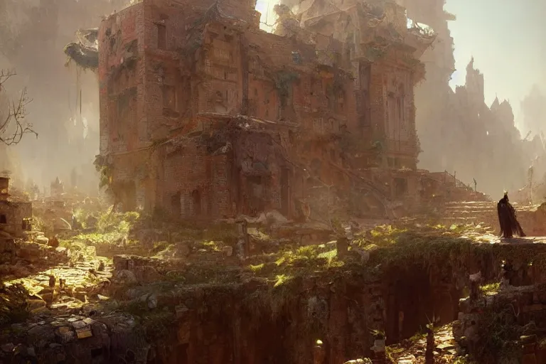 Image similar to ethnic municipality sitting in the ruins of what shrivel of life still exists, digital painting by greg rutkowski and gaston bussiere, trending on artstation, cgsociety contest winner, comprehensive art, intricately defined, zbrush, lowly dimmed atmosphere, shriveling light contrast, 4 k
