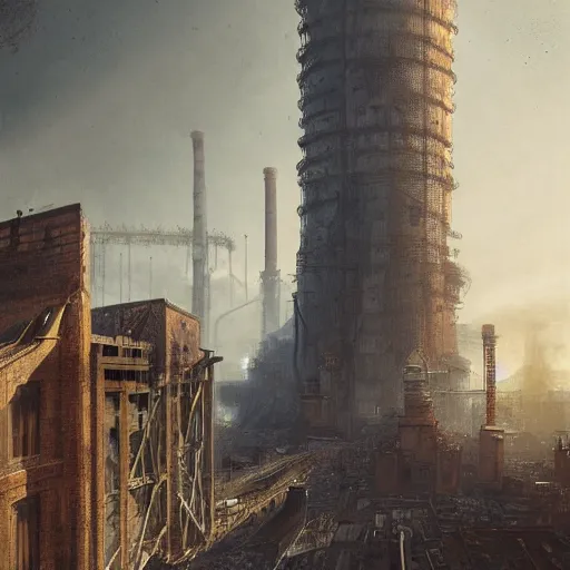 Image similar to highly detailed concept art of monumental chimney of the huge steelworks in the steampunk city center trending on Artstation by Daniel Dociu and Greg Rutkowski, high quality, dieselpunk, architecture, frostpunk, pollution and smoke, rusty