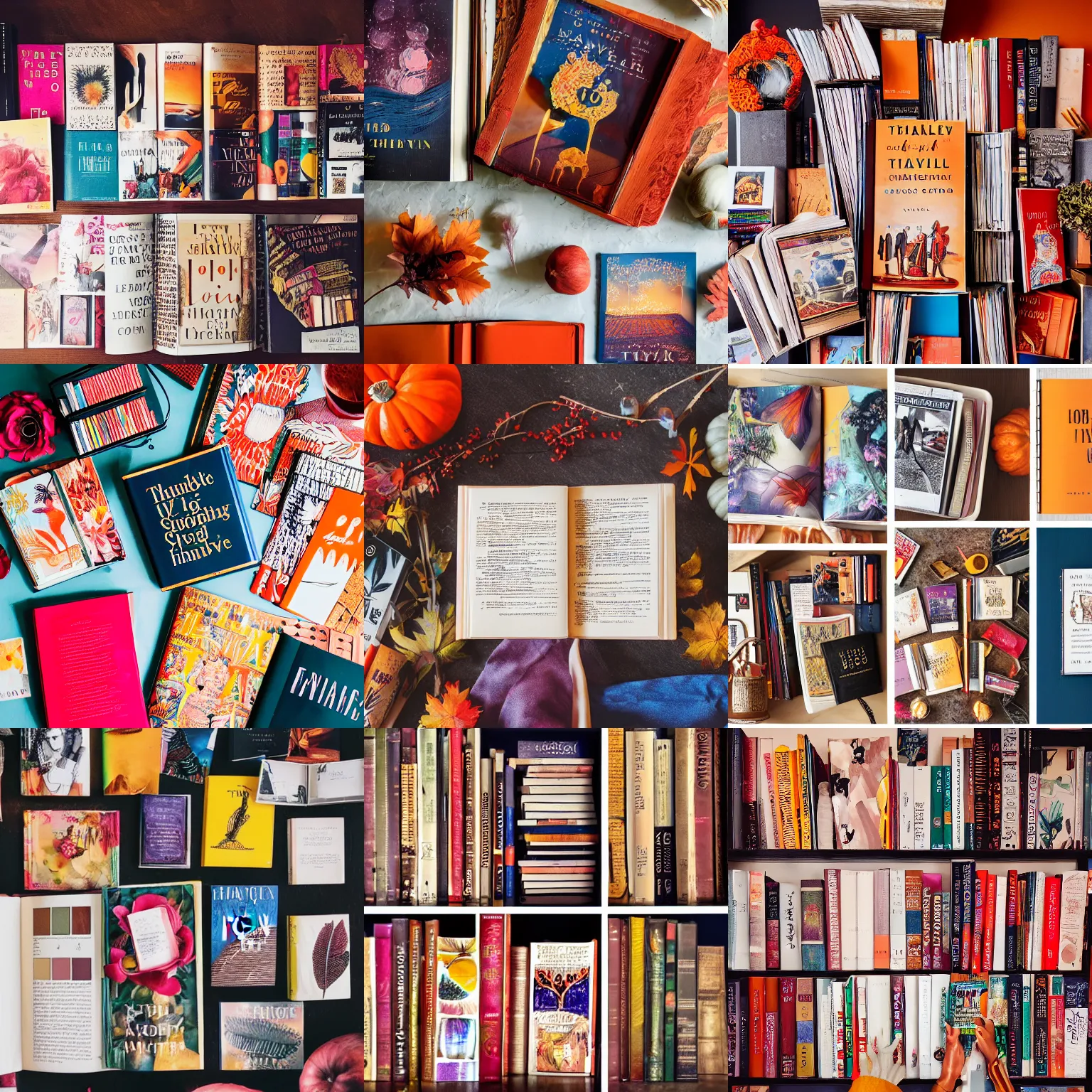 Prompt: flatlay book collection, vivid colors, dramatic lighting, thanksgiving