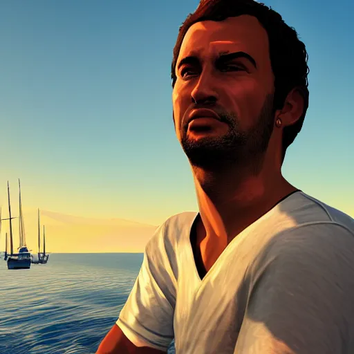 Prompt: 26 year old man on a sailboat, closeup, detailed, sunset, GTA V poster