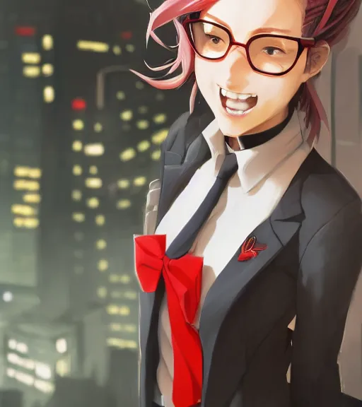 Image similar to a girl in a business, close up, sharp focus, red necktie, grey hair, smiling, city background, digital painting, by tran ross and jordan grimmer and greg rutkowski, anime art, artstation, hd, smooth,