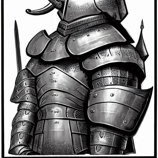 Image similar to armored knight wearing an elephant shaped helmet, dungeons and dragons manual illustration