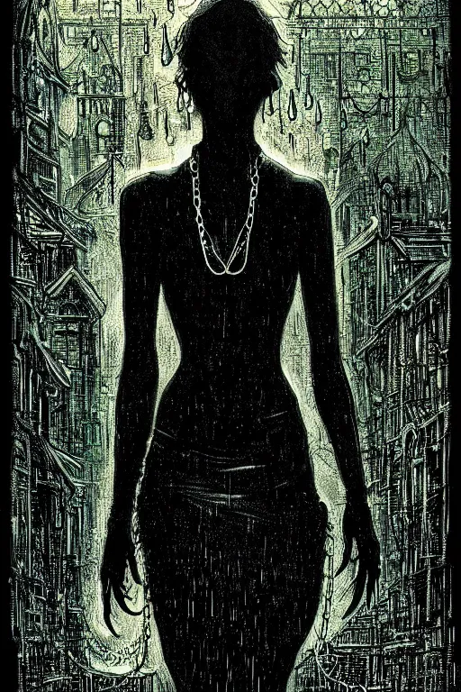 Image similar to dreamy gothic girl, black leather slim clothes, chains, strong rain night, beautiful body, detailed acrylic, grunge, intricate complexity, by dan mumford and by alberto giacometti, peter lindbergh