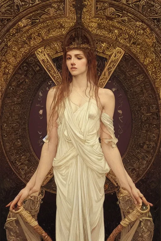 Prompt: a full body portrait of a beautiful ethereal delicate roman mage queen meditative sacral pose catholic stages of the cross, intricate, elegant, highly detailed, digital painting, artstation, concept art, smooth, sharp focus, illustration, art by krenz cushart and artem demura and alphonse mucha
