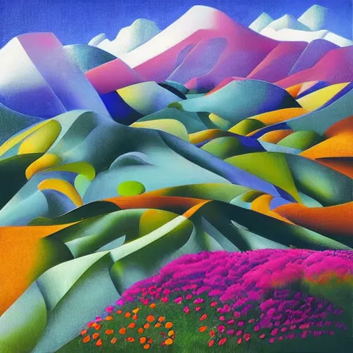 Prompt: mountain landscape in spring, flowers, teal landscape, dreamy light, sunny complementary palette, by and jacek yerga and tamara de lempicka and jesse king, pop surrealist, wiccan