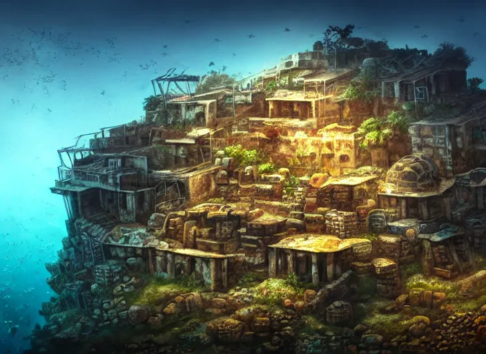 Image similar to ancient ruins favela, underwater environment, scenery, professional, award - winning, trending on artstation, hyper detailed, realistic, beautiful, emotional, shiny, golden, picture