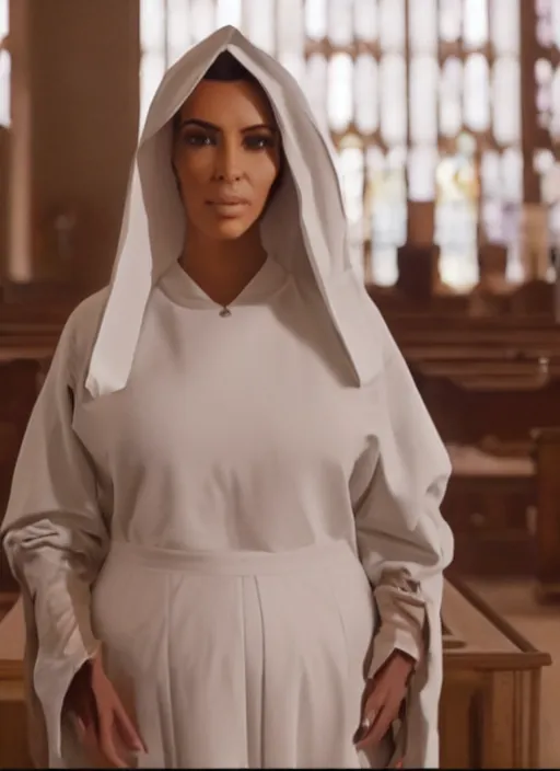 Image similar to a film still of kim kardashian as a nun with her bust slightly exposed. backround : church interior