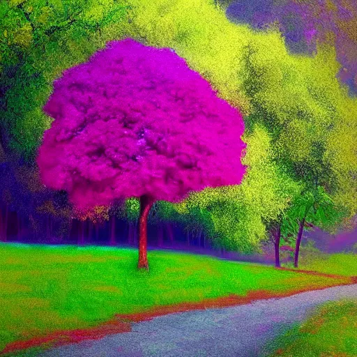 Image similar to a pink and purple tree in the style of Bob Ross