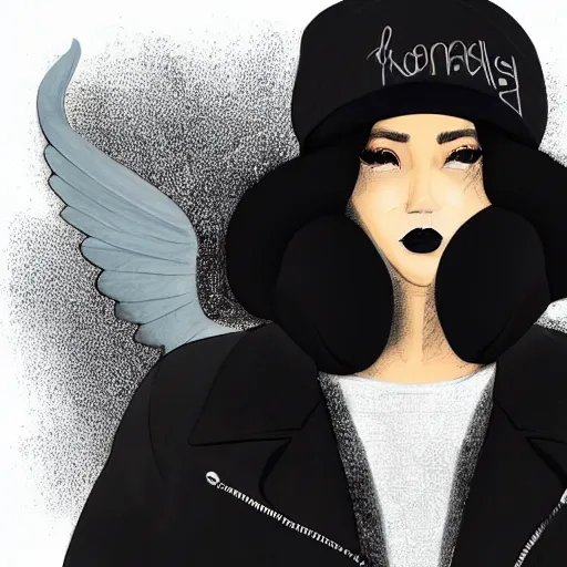 Image similar to illustration of a mixed woman with a septum piercing, short curly hair, winged eyeliner, black beanie, black bomber jacket, goth aesthetic, trending on artstation