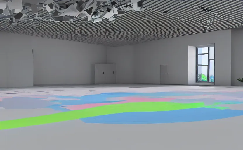 Image similar to empty room, big open floor, large colourful 3 d shapes, unreal engine and v - ray render.