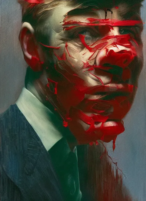 Prompt: he dreams of all the battles won, but fate had left its scars upon his face, depth of field, hauntingly surreal, highly detailed oil painting, by francis bacon, edward hopper, adrian ghenie, glenn brown, soft light, 8 k hd, cinematic composition, cinematic lighting in red, green and blue colours