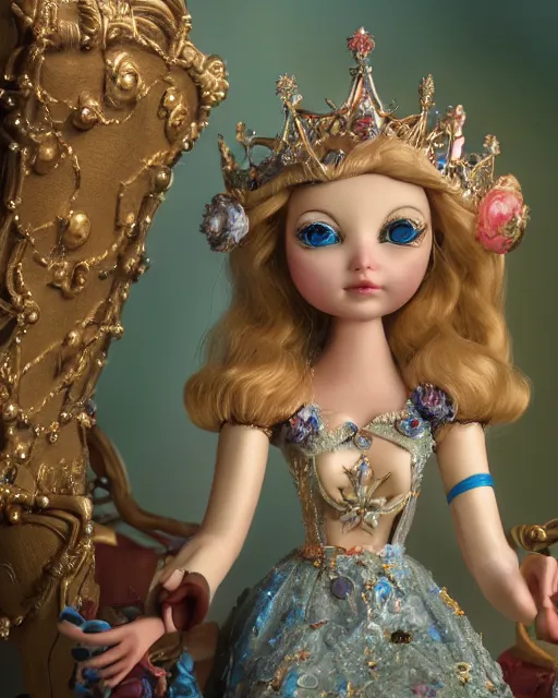 Image similar to highly detailed closeup, face profile portrait of a tin toy fairytale princess wearing a crown and sitting on a throne, bikini, depth of field, fashion photoshoot by nicoletta ceccoli, mark ryden, lostfish, dan decarlo, bob clampett, max fleischer, breathtaking, detailed and intricate environment, 8 k resolution, hyperrealistic, octane render