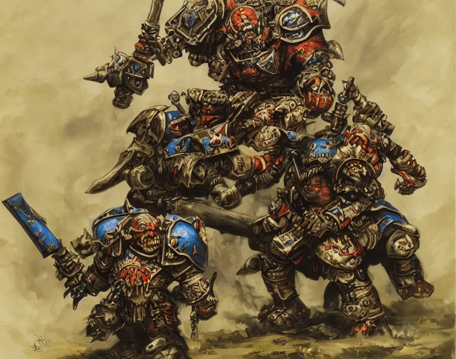 Image similar to Warhammer 40000 portrait of an orc riding a war dachshund by John Blanche