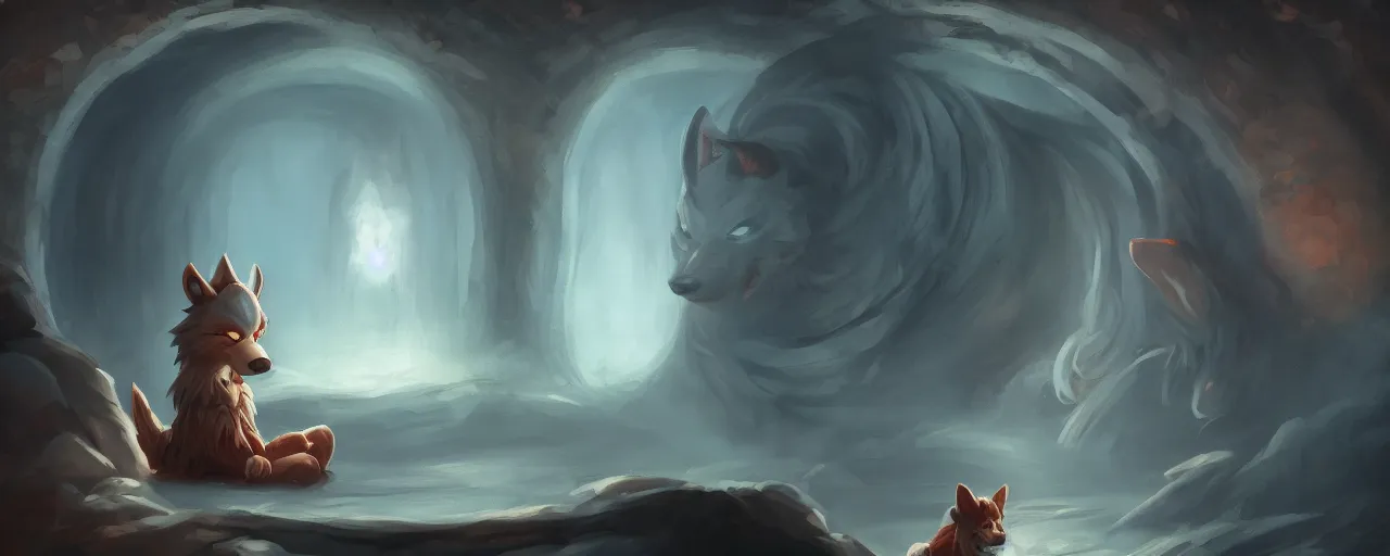 Prompt: a cartoonish cute big wolf is in a hot big cauldron inside a home, warm lighting, magical atmosphere, trending on artstation, 30mm, by Noah Bradley trending on ArtStation, deviantart, high detail, stylized portrait H 1280