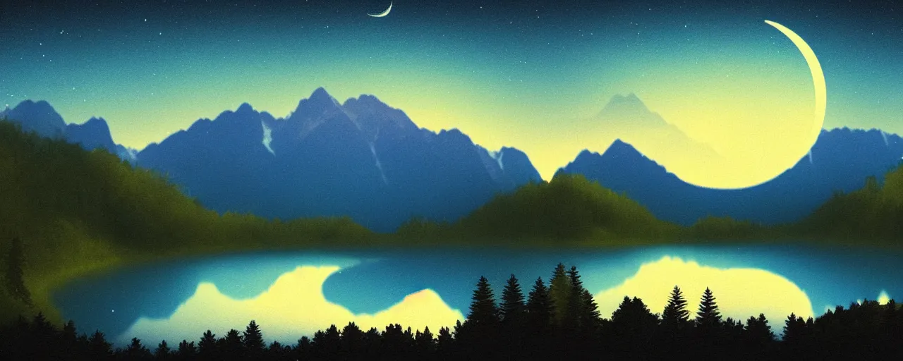 Image similar to a peaceful mountain valley with a lake at night rendered in the style of zana bamarni, crescent moon