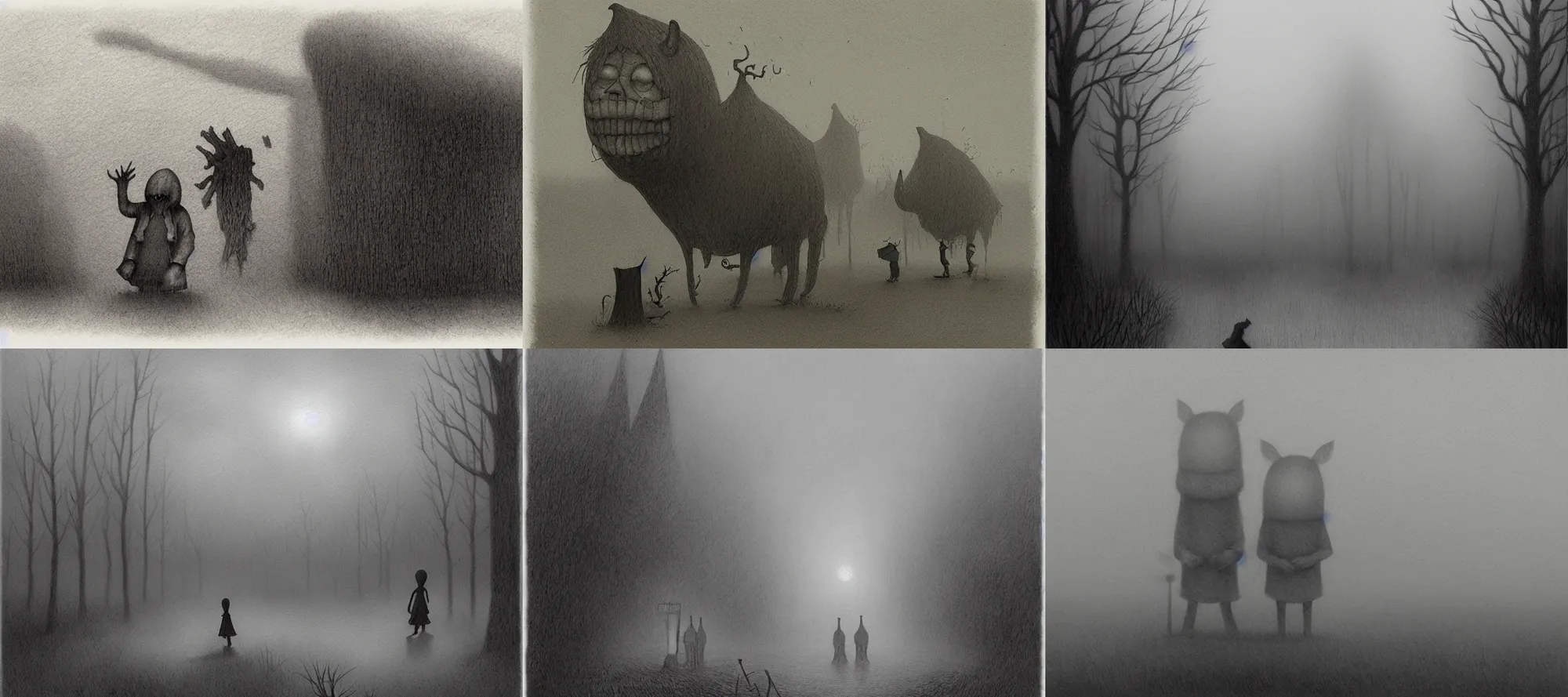 Prompt: lurkers within the fog by John Kenn Mortensen, creepy, atmospheric, shadow demons, liminal