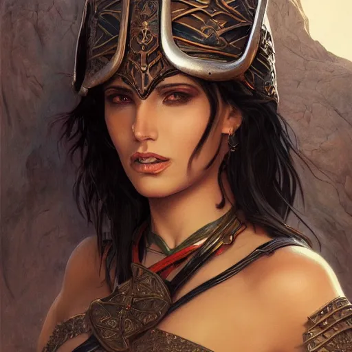 Prompt: portrait of a berber tiefling woman with black hair wearing steel armor in a desert, strong, fierce, elegant, fantasy, highly detailed, digital painting, artstation, concept art, character art, art by greg rutkowski and tyler jacobson and alphonse mucha