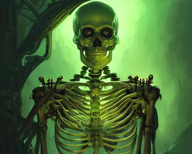 Prompt: portrait of a cybernetic skeleton, bottom up green lighting, deep focus, d & d, fantasy, intricate, elegant, highly detailed, digital painting, artstation, concept art, matte, sharp focus, illustration, hearthstone, art by artgerm and greg rutkowski and alphonse mucha