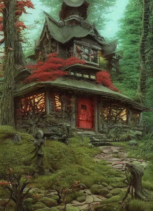 Image similar to hyper realistic witch cottage japanese shrine in the woods gorgeous lighting, highly detailed, lush forest painting by zdzisław beksinski and norman rockwell and greg rutkowskiweta studio, and lucasfilm