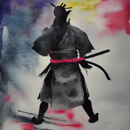 Prompt: puddled ink painting of a samurai,