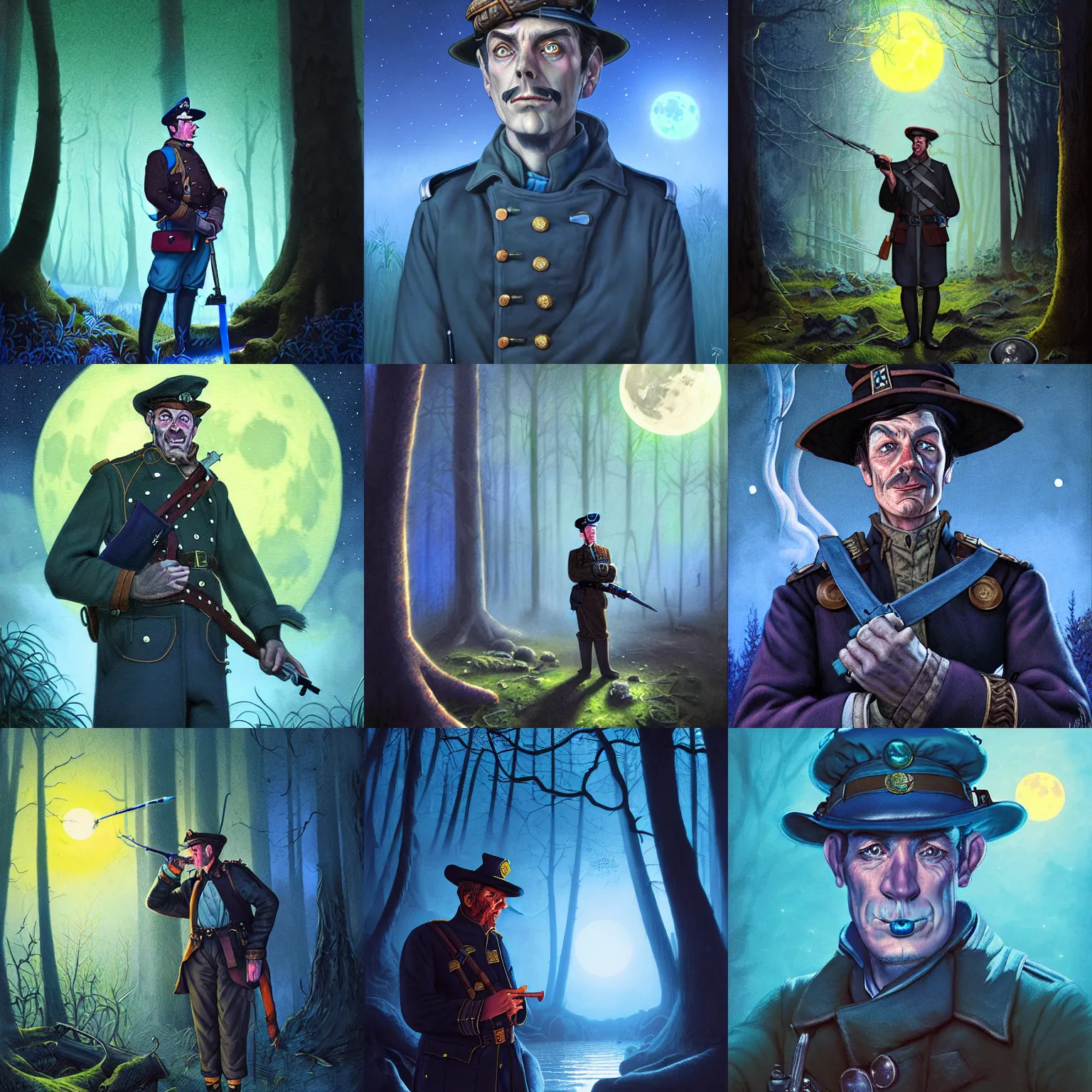 Prompt: Portrait of the smoking, suspicious Captain Sam Vimes in the Forbidden Forrest at midnight, full moon, blue tones, detailed, hyperrealistic, colorful, cinematic lighting, digital illustration by Paul Kidby