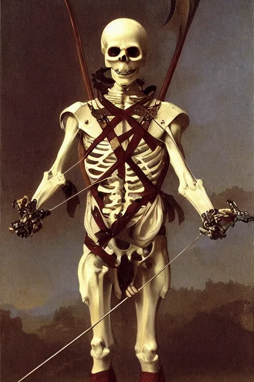 Image similar to portrait of a skeleton archer with bow and arrow in the middle world, wearing helmets with wings, wearing european style armor, holding a sword in both hands, symmetrical, solemn, sacred, aura, by bouguereau